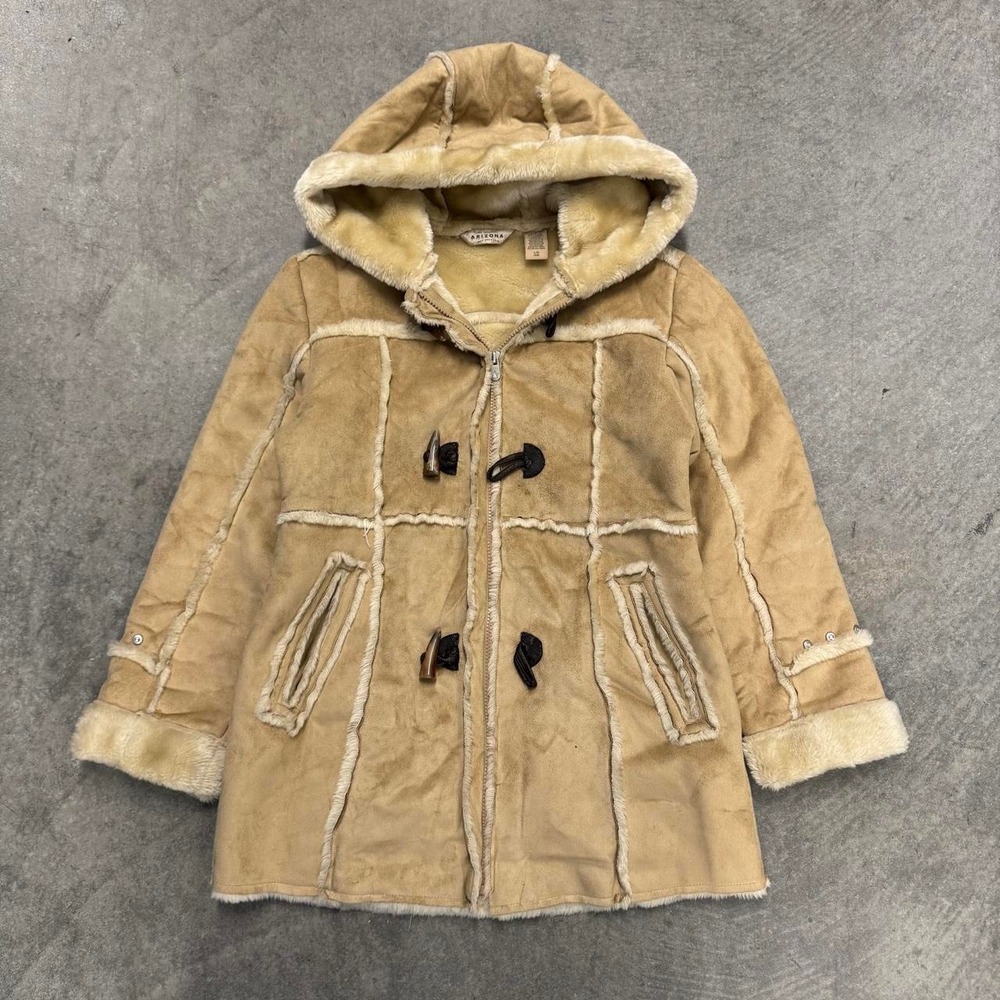 Y2K Arizona Jean Co Faux Shearling Suede Hooded Toggle Coat Tan Girls L 14